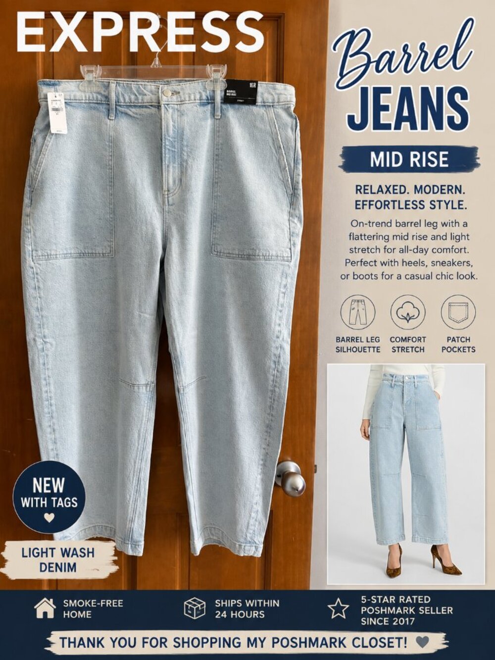 NWT Express Barrel Mid Rise Stretch Jeans Light Wash Size 16R